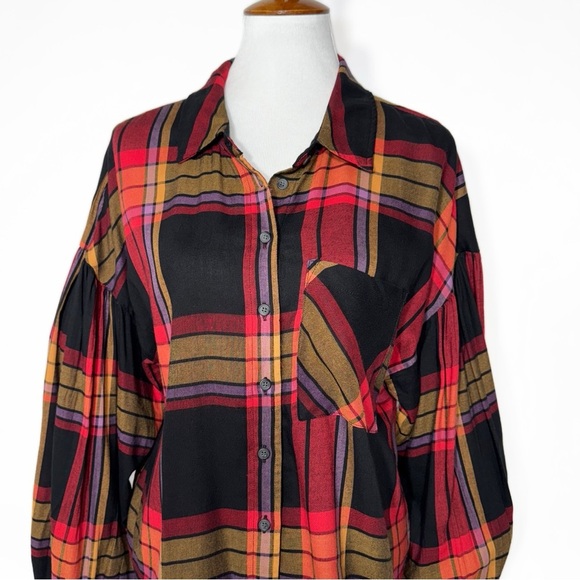 Sanctuary Colorful Plaid Red Black Puff Balloon Long Sleeve Buttondown Shirt L - Picture 8 of 11